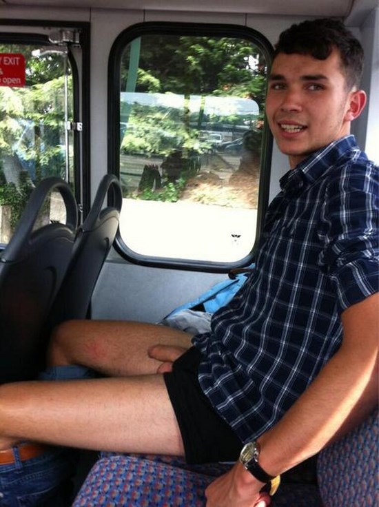 bus Man shows penis on Male teen abs
